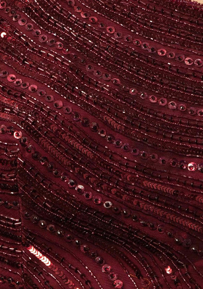 HAND EMBROIDERED Maroon Satin Pre-Stitched Saree Set With Abstract Sequin Embellished Blouse