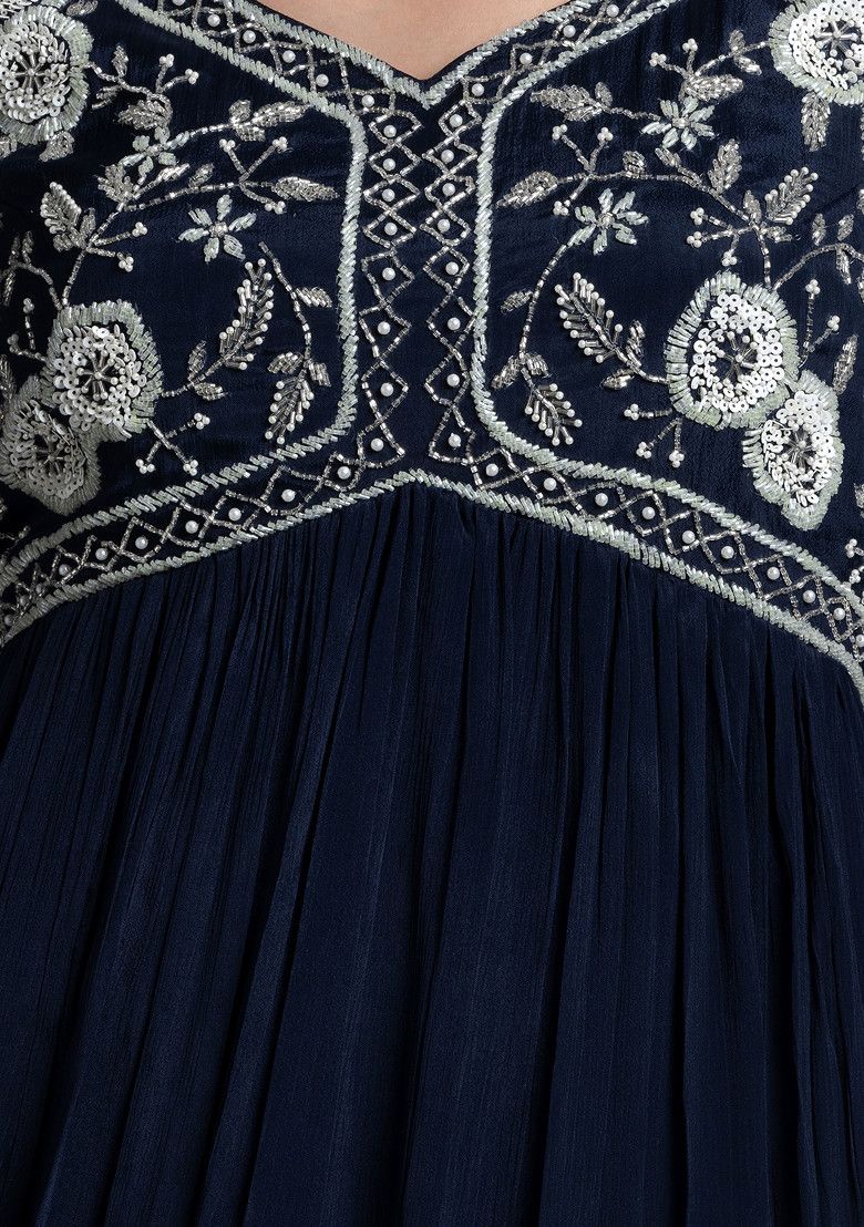 Navy Blue Floral Hand Embroidered Anarkali Kurta With Dupatta