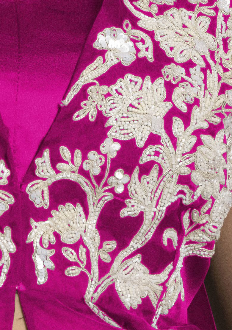 Pink Floral Hand Embroidered Jacket Set With Satin Blouse And Dhoti Skirt