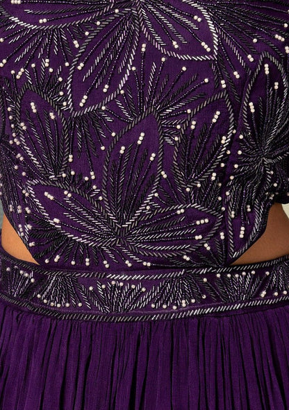 HAND EMBROIDERED Purple Pearl Embellished Side Cut Out Gown