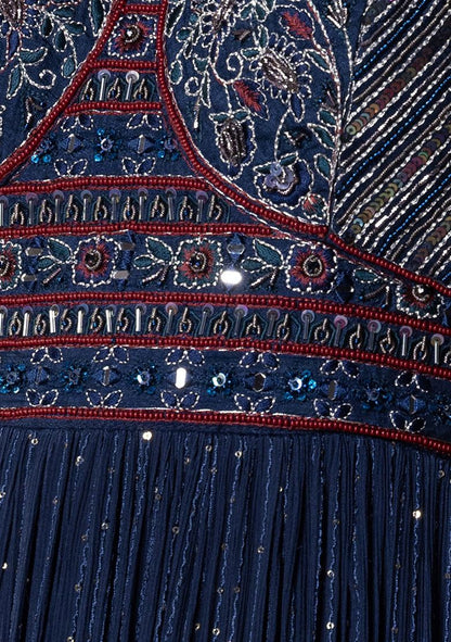 Navy Blue Thread Embroidered Tiered Anarkali Gown