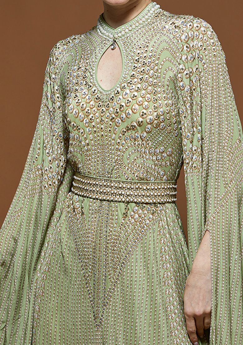 Pale Green Rhinestones Embroidered Bemberg Crepe Gown