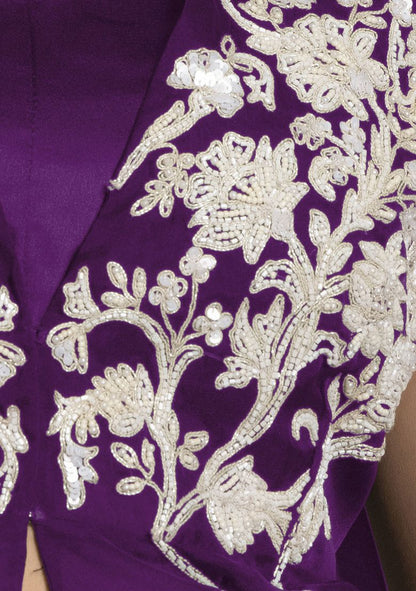 Purple Floral Hand Embroidered Jacket Set With Satin Blouse And Dhoti Skirt