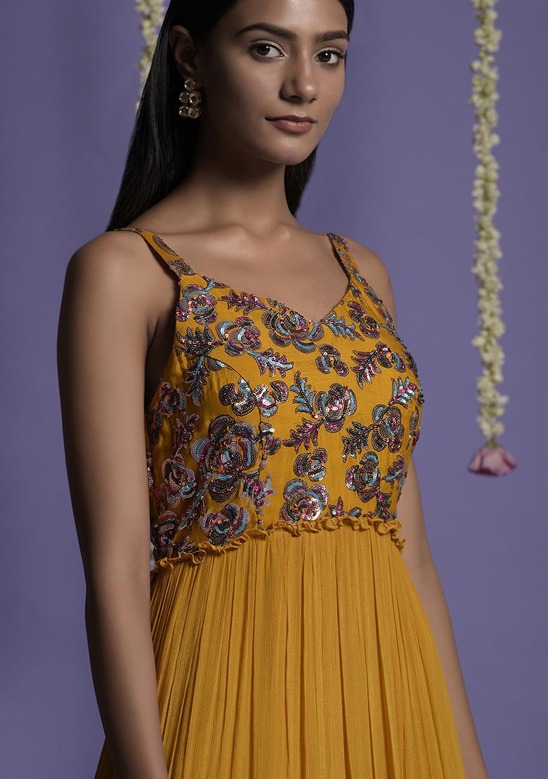 Yellow Multicolor Sequin Embroidered Gown