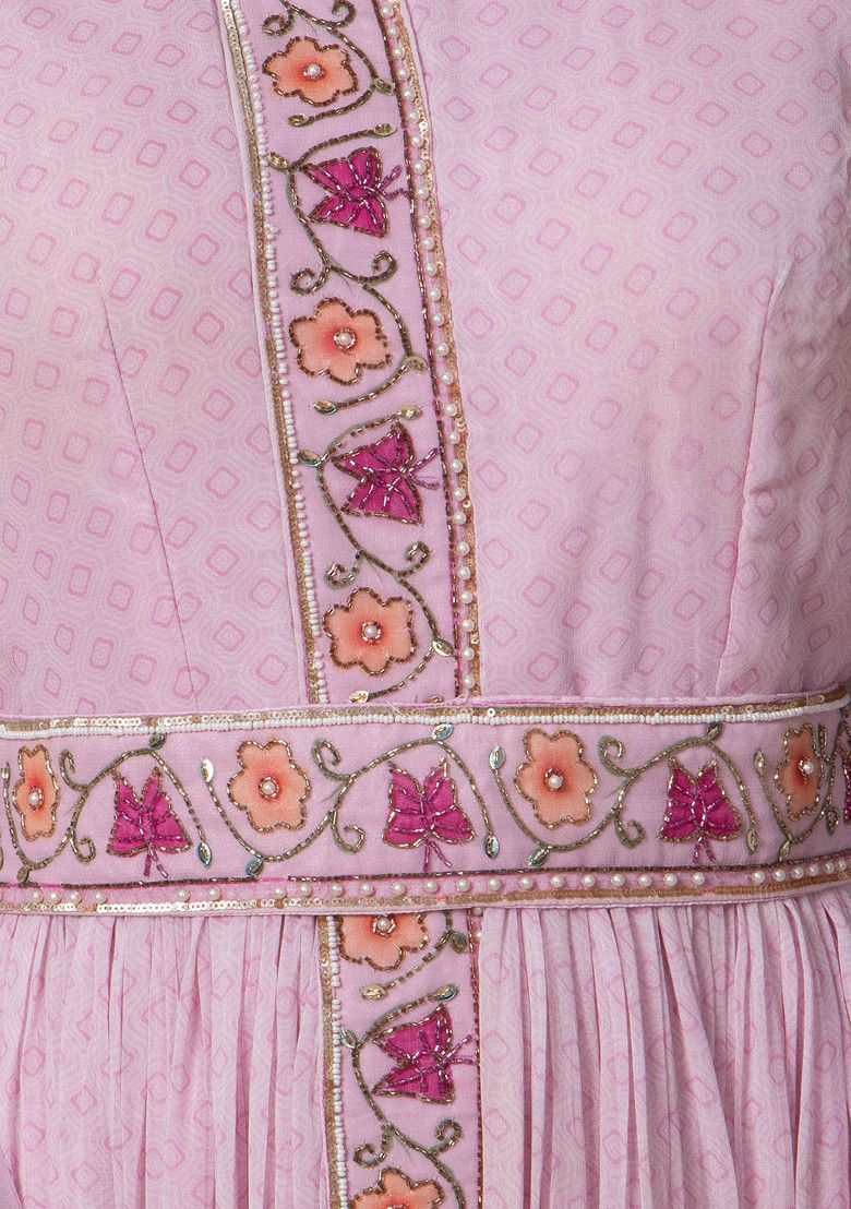 Pink Bead Embellished Anarkali Gown With Embellished Belt And Mesh Dupatta