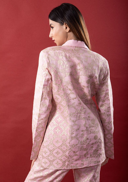 MONK AND MEI Pink Brocade Embroidered Bijli Blazer Set