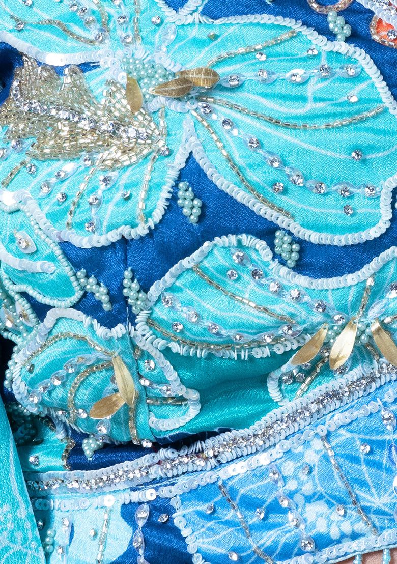 Blue Floral Print Sharara Set With Sequin Embroidered Blouse And Dupatta