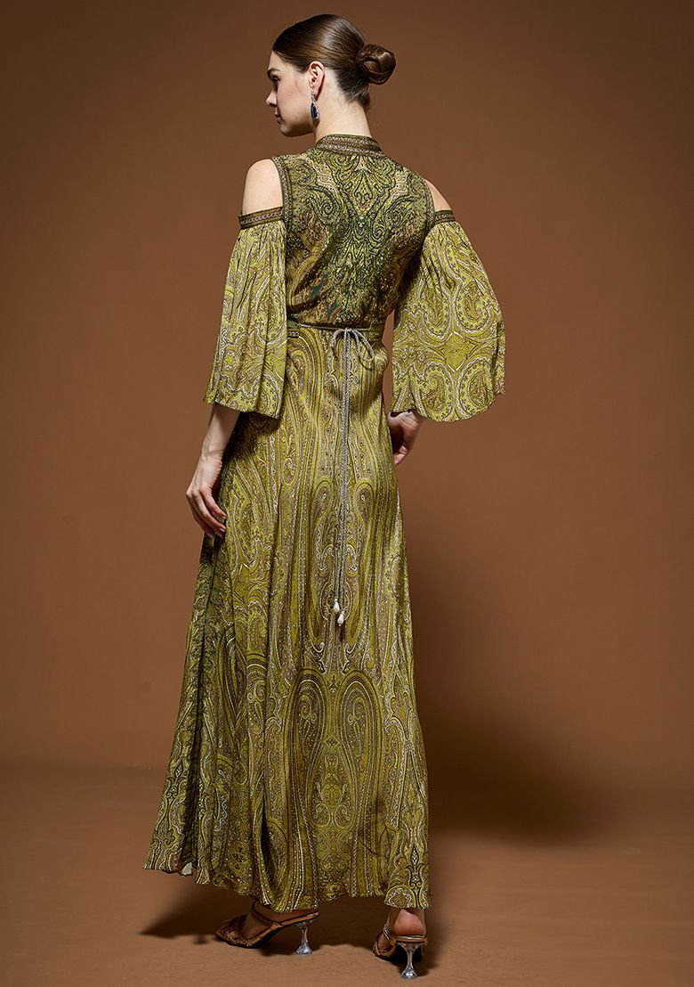 Olive Green Rhinestones Embroidered Bemberg Crepe Gown