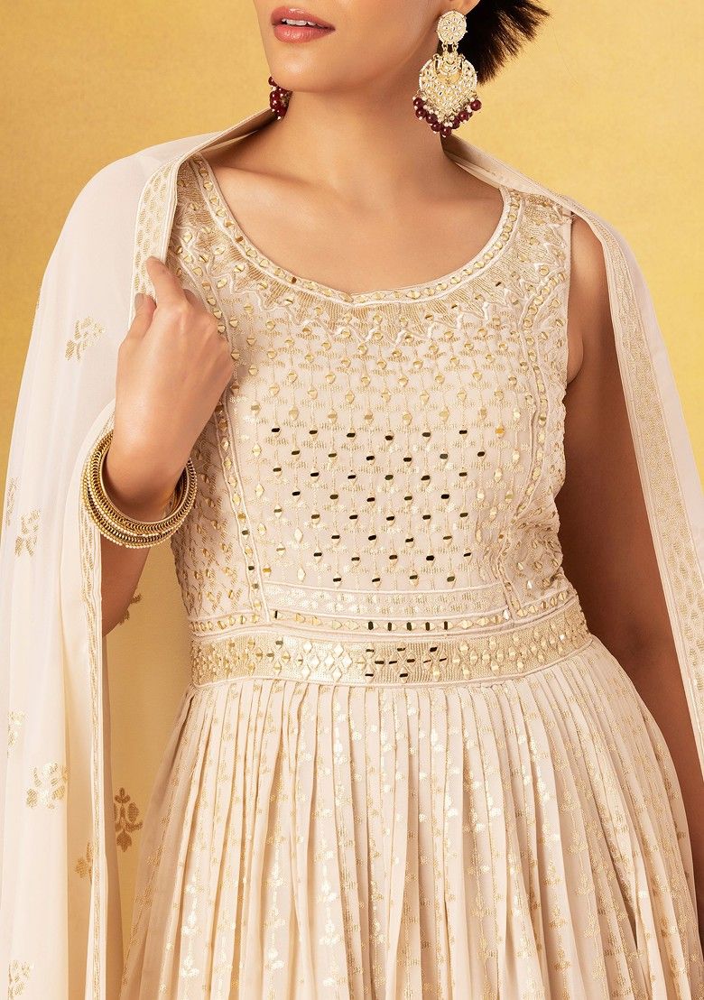 Ivory Mirror Embroidered Anarkali Gown With Embroidered Dupatta