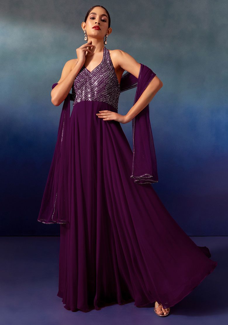 Purple Sequin And Bead Embellished Halter Anarkali Gown With Dupatta