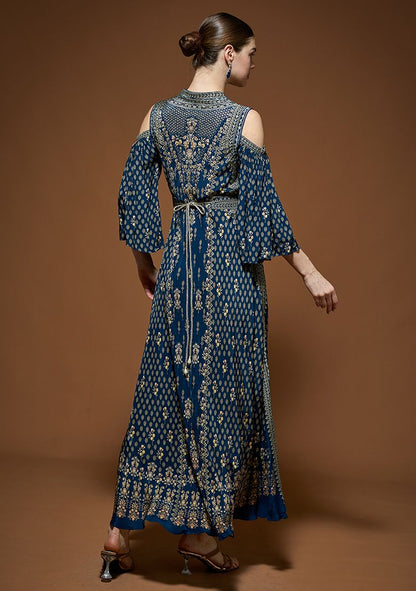 Blue Bemberg Crepe Rhinestones Embroidered Gown