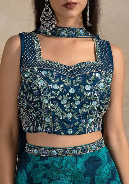 Blue And Green Floral Print Sharara Set With Mirror Embellished Blouse And Dupatta