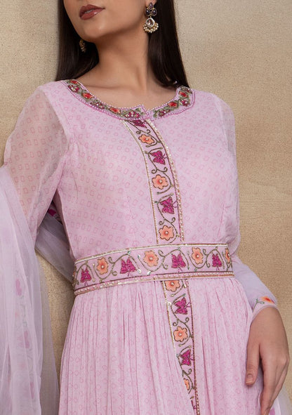 Pink Bead Embellished Anarkali Gown With Embellished Belt And Mesh Dupatta