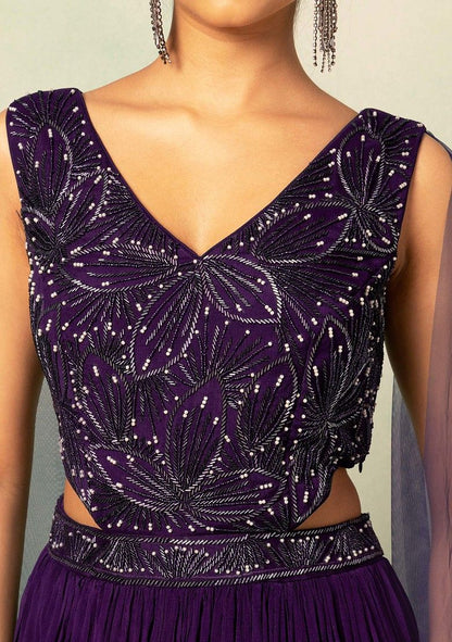 HAND EMBROIDERED Purple Pearl Embellished Side Cut Out Gown