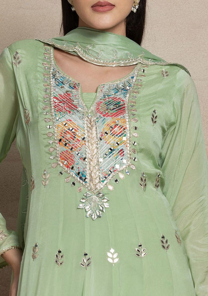 Green Mirror And Gota Patti Embroidered Anarkali With Embroidered Dupatta