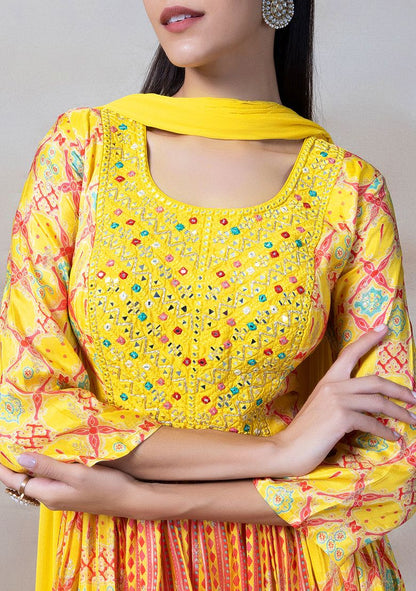 Yellow Mirror Embellished Anarkali Kurta With Chiffon Dupatta