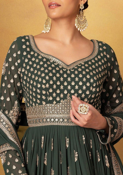 Deep Green Sequin Embellished Anarkali Gown With Dupatta