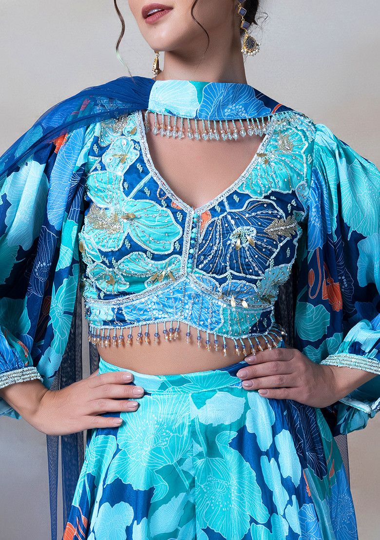 Blue Floral Print Sharara Set With Sequin Embroidered Blouse And Dupatta