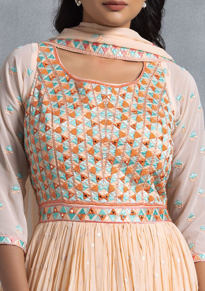 Peach Multicolour Geometric Embroidered Anarkali Kurta With Dupatta