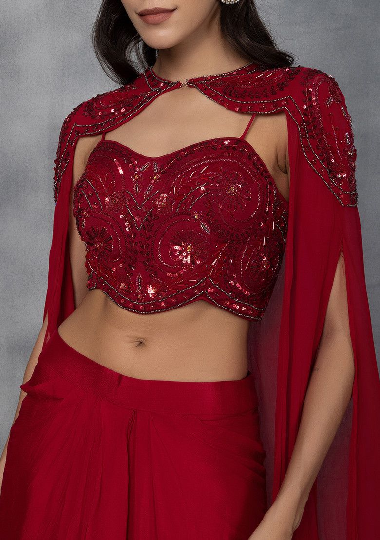 Red Embellished Cape Set With Sequin Cutdana Embellished Blouse And Skirt