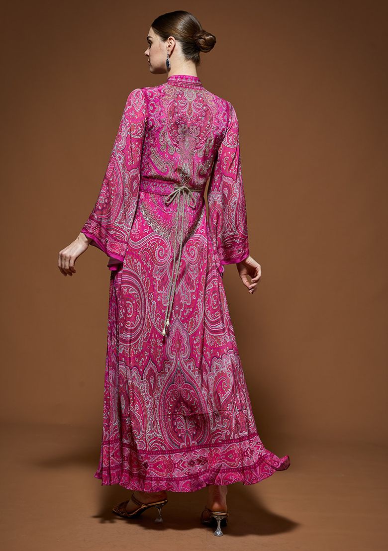 Fuchsia Printed Rhinestones Work Bemberg Crepe Gown