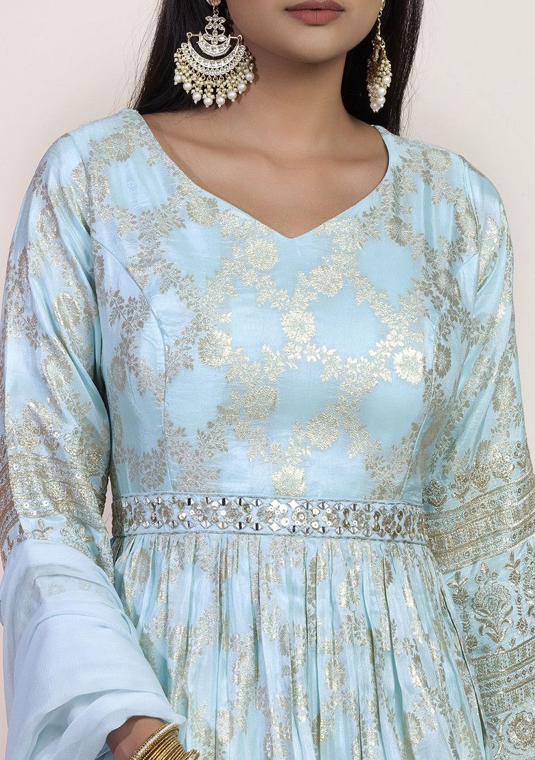 Pastel Blue Floral Print Brocade Anarkali With Dupatta