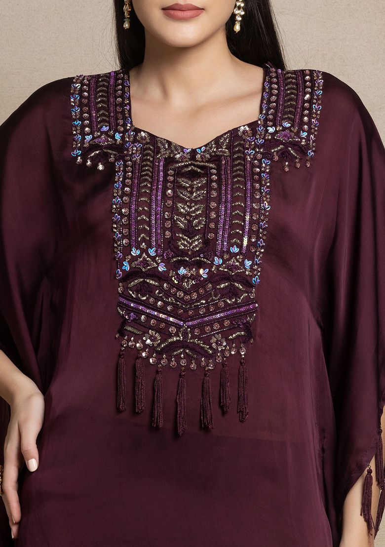 Deep Maroon Sequin Bead Embroidered Kaftan Kurta Set With Embroidered Pants