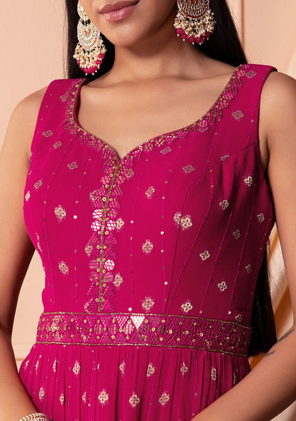 Hot Pink Sequin Embroidered Tiered Anarkali Gown