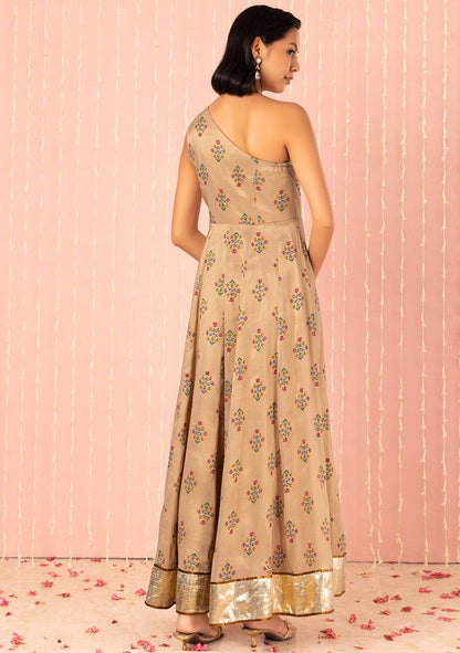 Gold Floral Print One Shoulder Anarkali Kurta