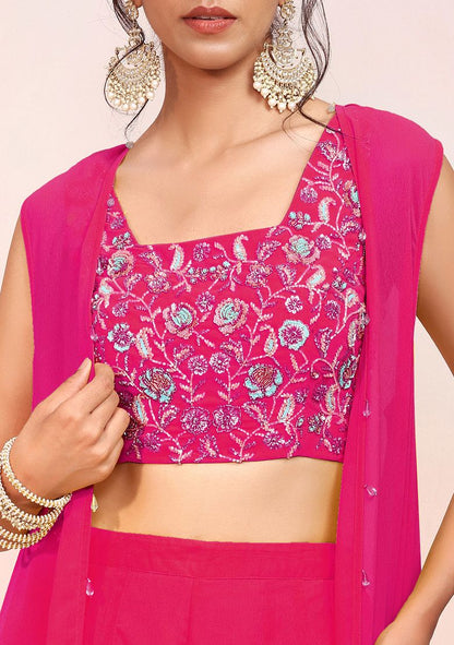 Hot Pink Jacket Set With Multicolour Sequin Hand Embroidered Blouse And Palazzo