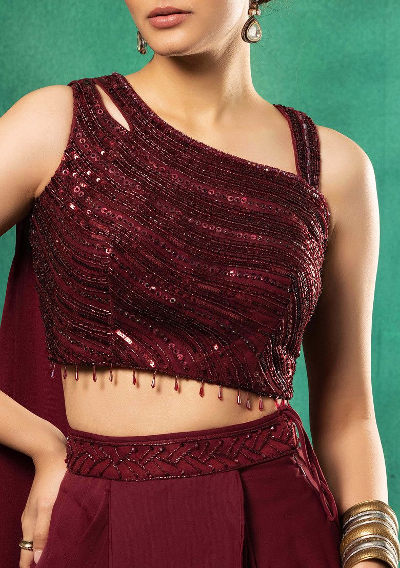 HAND EMBROIDERED Maroon Satin Pre-Stitched Saree Set With Abstract Sequin Embellished Blouse