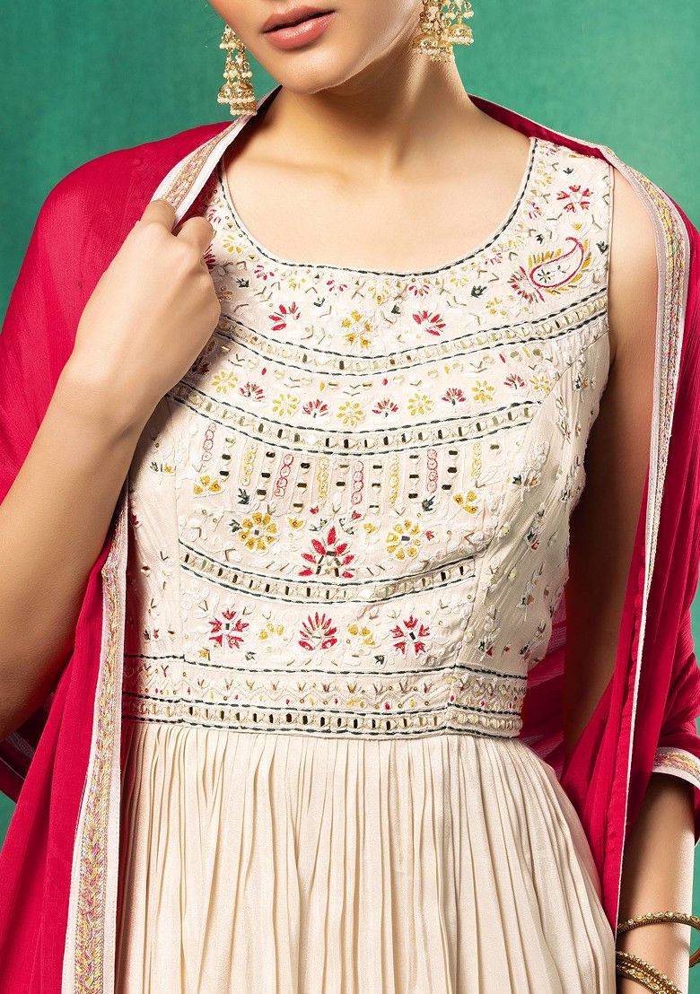 Ivory Multicolour Floral Mirror And Thread Embroidered Anarkali Gown With Dupatta