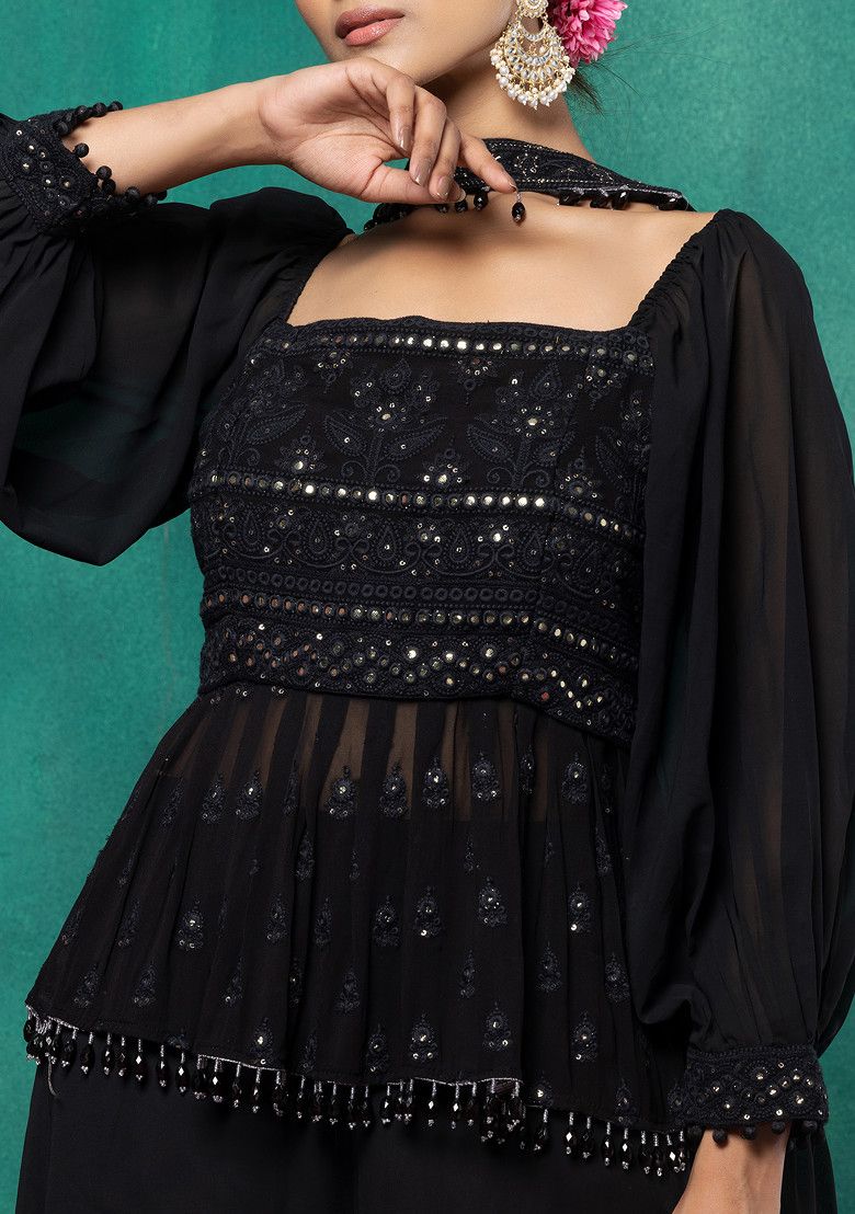 Black Floral Sequin Embroidered Short Kurta Set With Palazzo And Dupatta