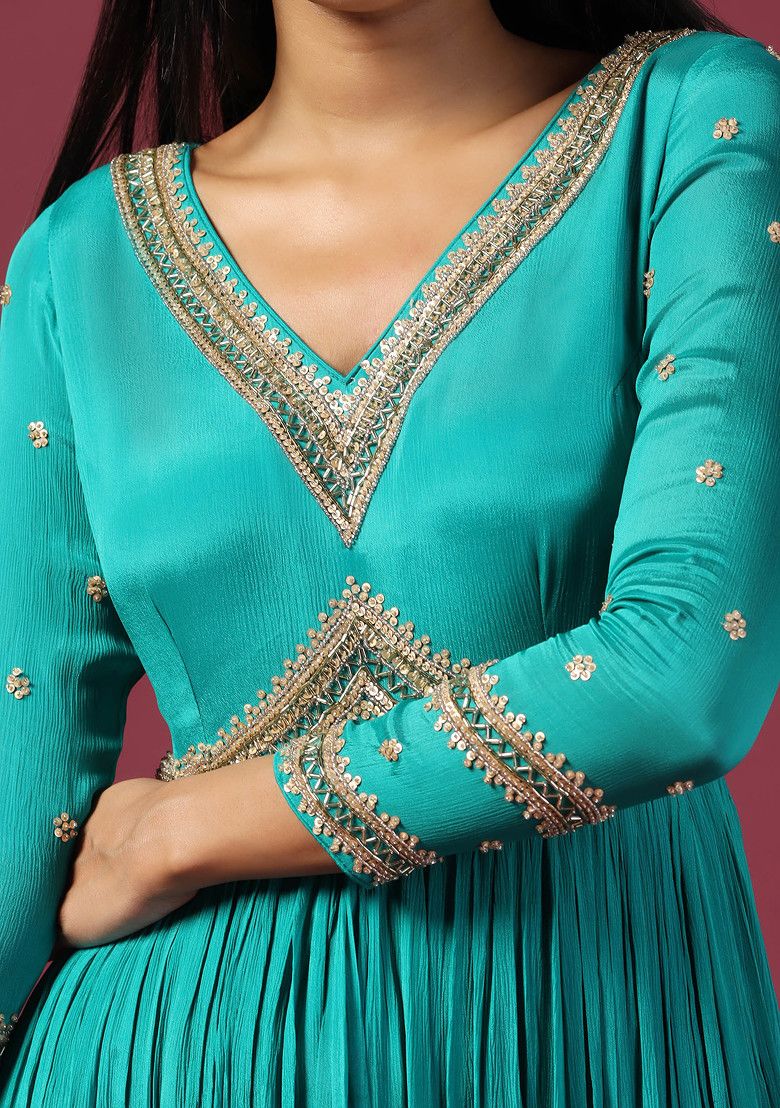 Teal Blue Zari Embroidered Anarkali Set