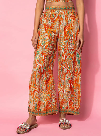 Orange Printed Silk Blend Co-Ords