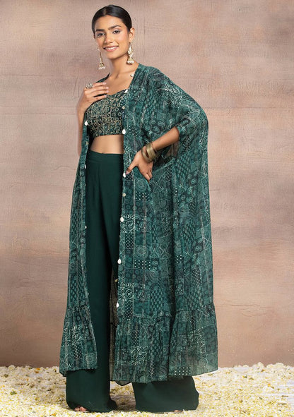 Deep Green Printed Jacket Set With Hand Embroidered Blouse And Palazzo