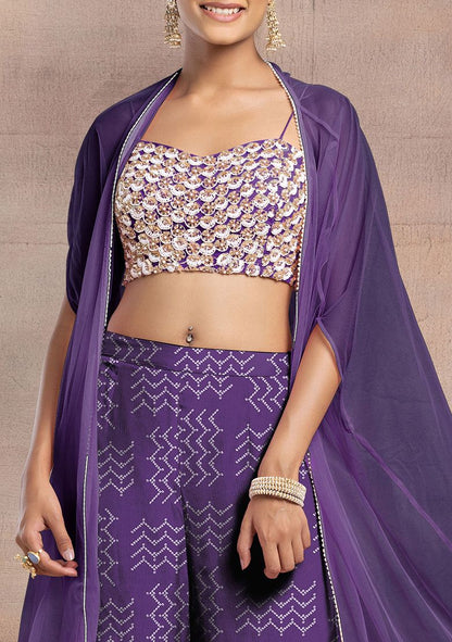 Purple Sharara Set With Pearl Sequin Hand Embroidered Blouse And Mesh Jacket