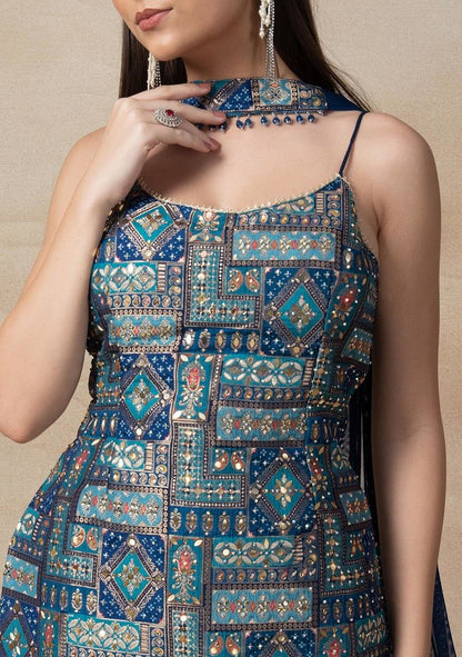 Teal Blue Sharara Set With Printed Embellished Kurta And Dupatta