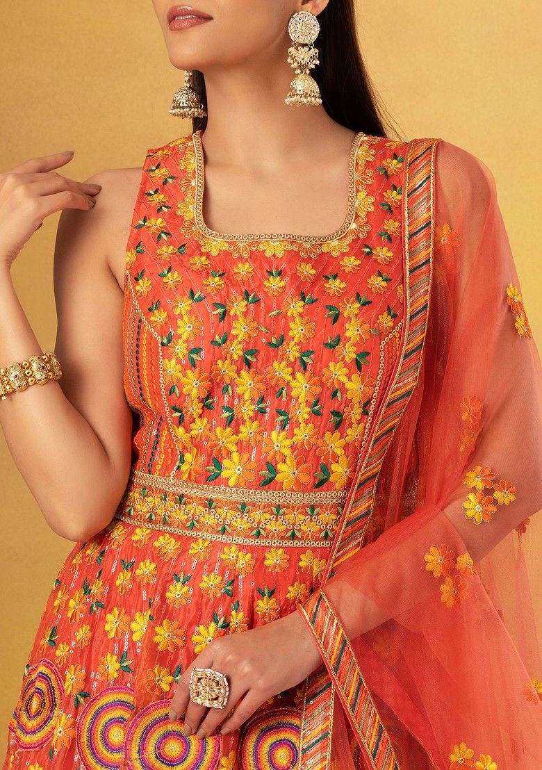 Orange Floral Thread Embroidered Organza Anarkali Gown With Dupatta