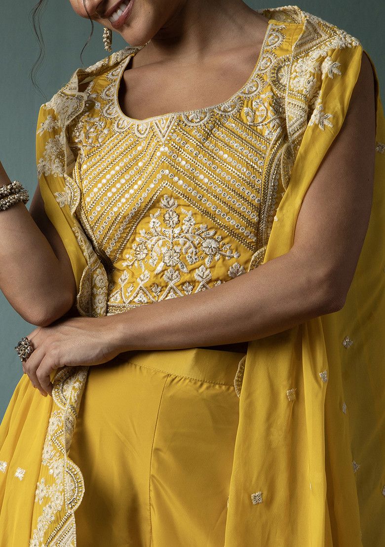 Yellow Sharara Set With Floral Thread Embroidered Blouse And Jacket