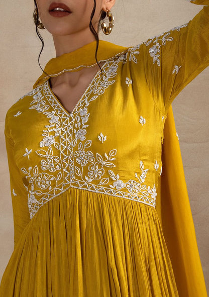 Mustard Cutdana Bead Embellished Kurta With Organza Dupatta