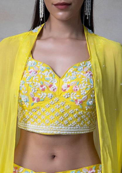 Yellow Bead Embroidered Sharara Set With Sequin Embellished Blouse And Jacket q