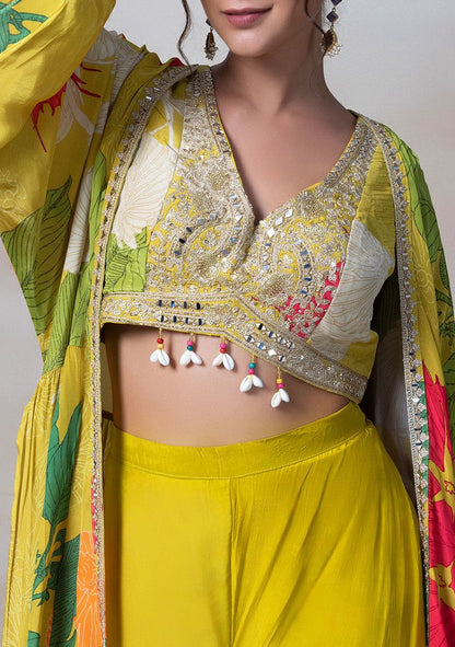 Yellow Floral Print Sharara Set With Sequin Embellished Blouse And Printed Jacket