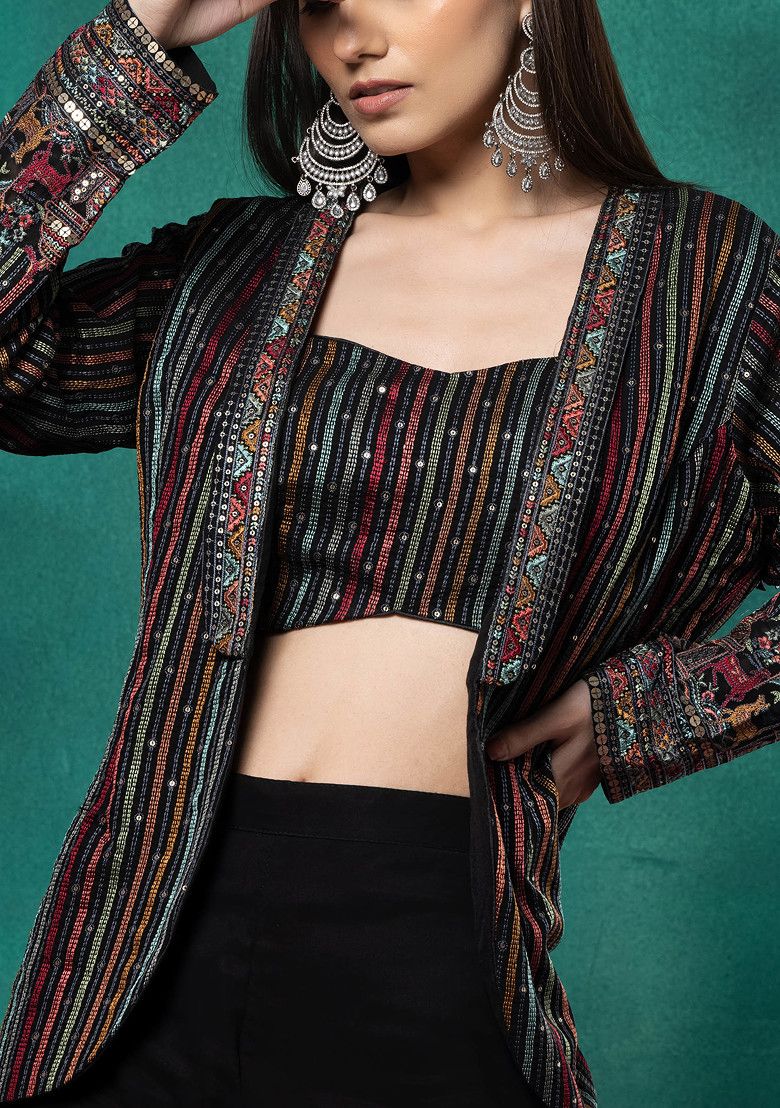 Black Embellished Jacket Set With Sequin Embroidered Blouse And Palazzo