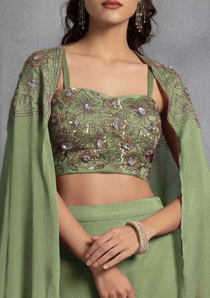 Lime Green Sequin Embroidered Cape Set With Hand Embroidered Blouse And Pants