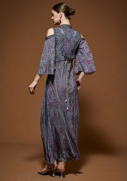 Purple Rhinestones Embroidered Bemberg Crepe Gown