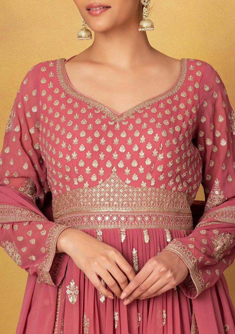 Pink Floral Sequin Embellished Anarkali Gown With Dupatta