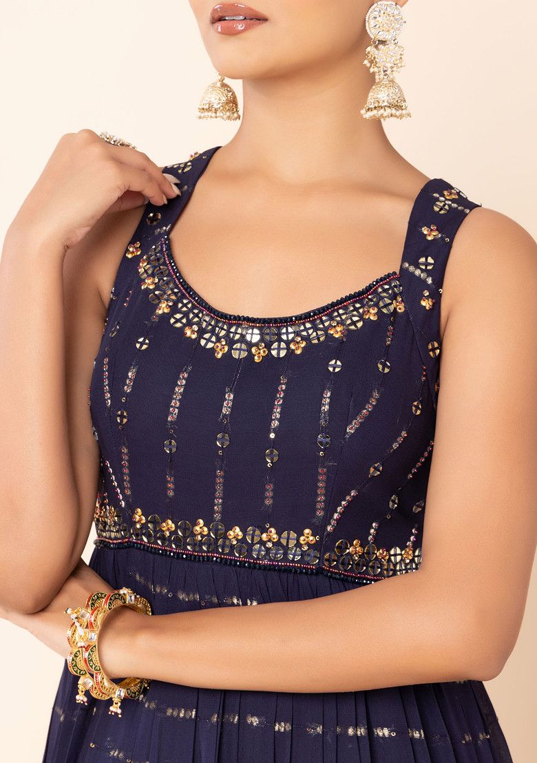 Navy Blue Mirror And Sequin Embellished Gown