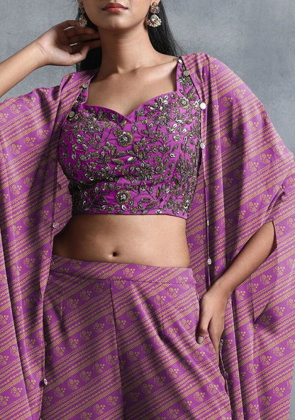 Deep Purple Jacket Set With Sequin Hand Embroidered Blouse And Sharara