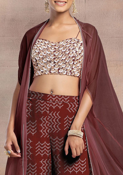 Maroon Sharara Set With Pearl Sequin Hand Embroidered Blouse And Mesh Jacket